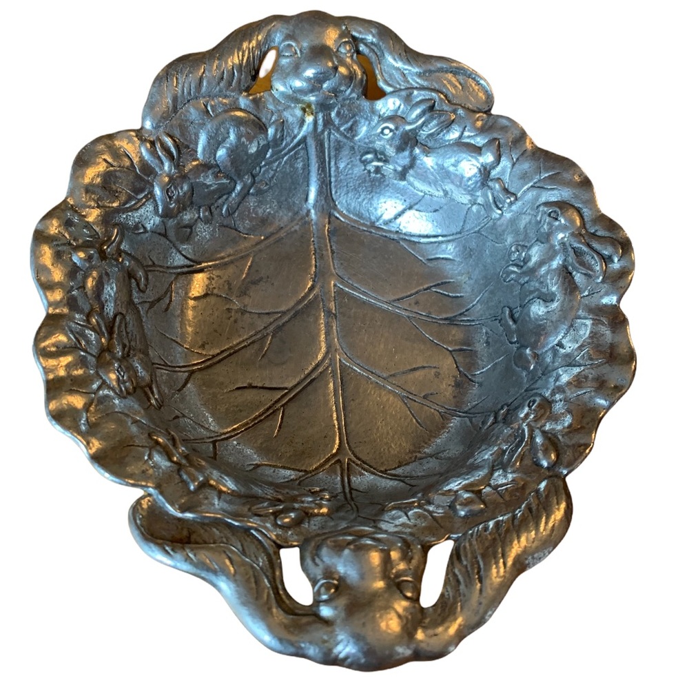 Arthur Court 1995 Bunny and Leaf Nut or Candy Dish Bowl Aluminum 7” X 5.5" Vtg.